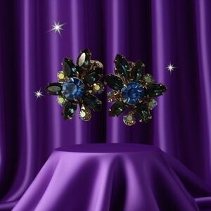 Colorful Blue Multi-Stoned Clip on Earrings - Vintage AB HOCO PROM STARLET CELEB